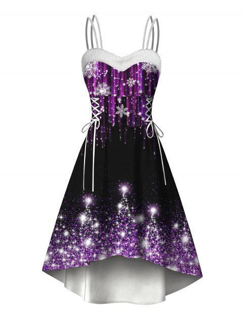 Robe de Noël imprimée sapin de Noël et flocons de neige, en fausse fourrure, lacée, asymétrique