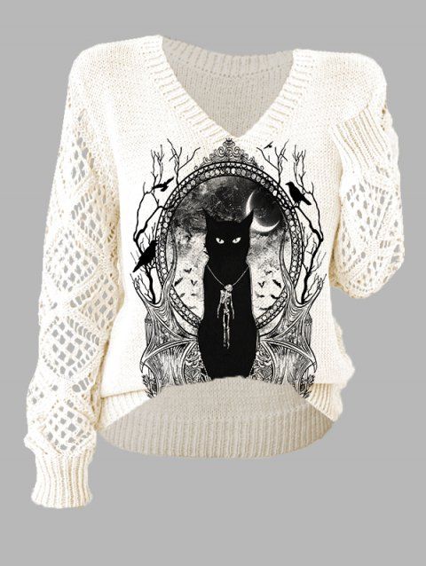 Pull gothique à imprimé chat noir et miroir, manches ajourées et col en V