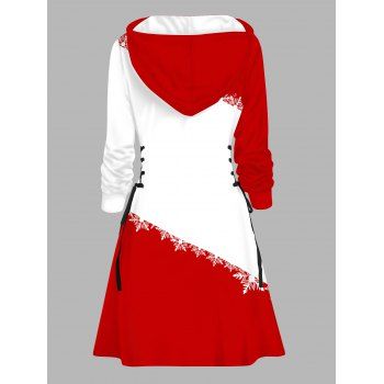 Christmas Hoodie Dress Colorblock Snowflake Wink Snowman Print Lace Up Dress
