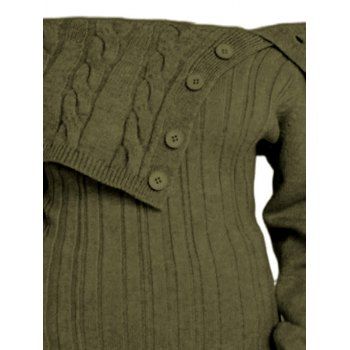 Off the Shoulder Sweater Solid Color Cable Knit Mock Button Pullover Sweater