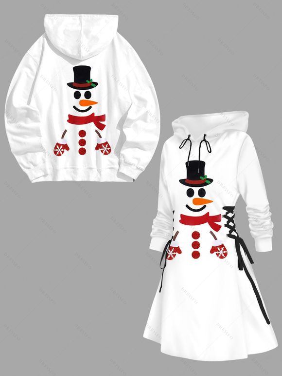 Christmas Couple Outfit Snowman Print Hooded Dress and Men's Hoodie Set - Blanc S | US 4
