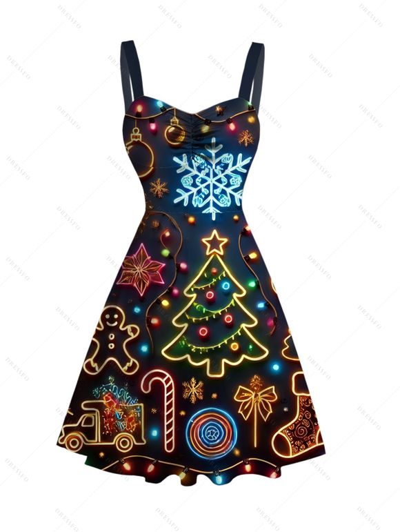 Robe de Noël courte à imprimé sapin et flocons de neige, style froncée - Noir XXXXXL | US 20