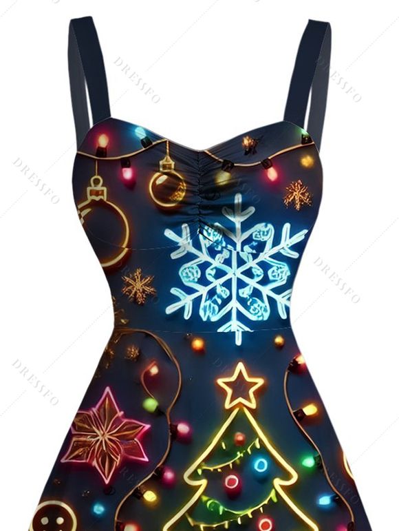 Robe de Noël courte à imprimé sapin et flocons de neige, style froncée - Noir XXXXXL | US 20