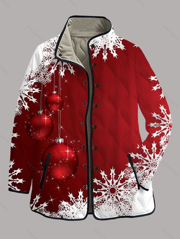 Manteau de Noël rembourré en coton, à poches, imprimé flocons de neige et clochettes, colorblock - Rouge XXXXXL | US 20