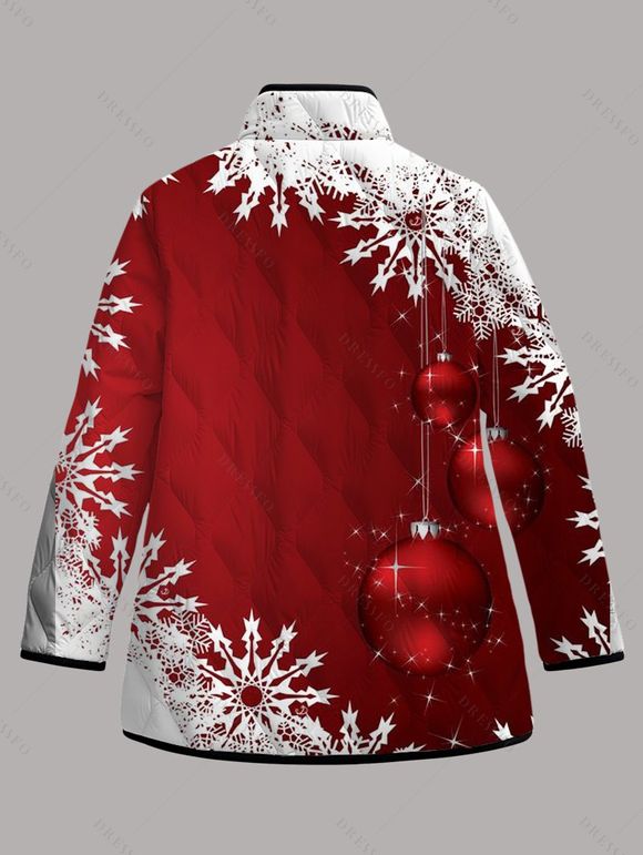 Manteau de Noël rembourré en coton, à poches, imprimé flocons de neige et clochettes, colorblock - Rouge XXXXXL | US 20