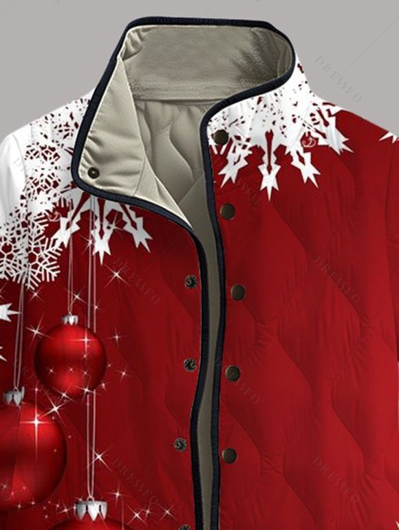 Manteau de Noël rembourré en coton, à poches, imprimé flocons de neige et clochettes, colorblock - Rouge XXXXXL | US 20