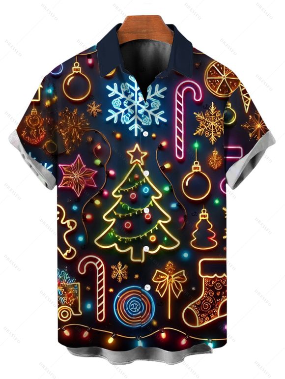 Holiday Couple Outfit Light Christmas Tree Snowflake Print Dress and Shirt Set - Noir S | US 4
