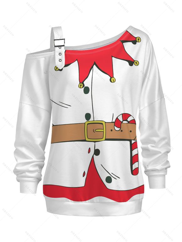 Haut de Noël imprimé 3D avec motif canne à sucre et boucle à col asymétrique - Blanc XXXXXL | US 20