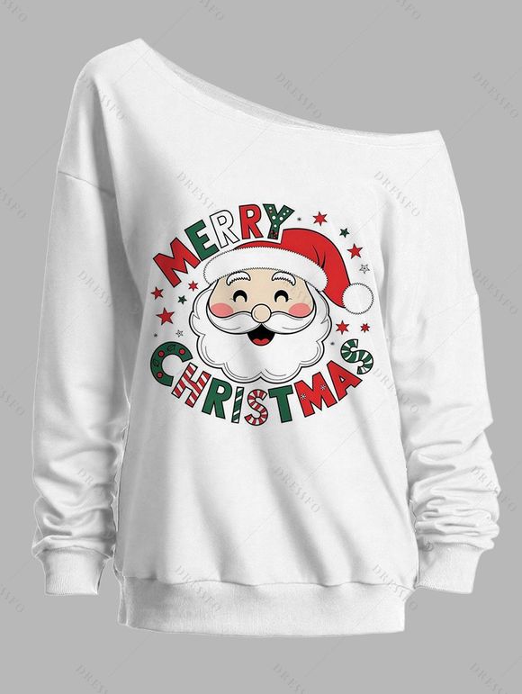 Sweat-shirt de Noël imprimé Père Noël à col asymétrique - Blanc XXL | US 14