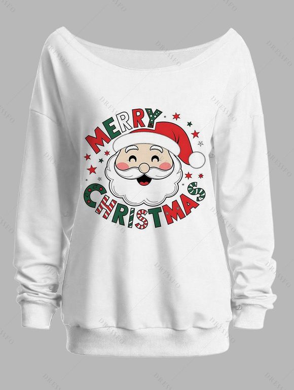 Sweat-shirt de Noël imprimé Père Noël à col asymétrique - Blanc XXL | US 14
