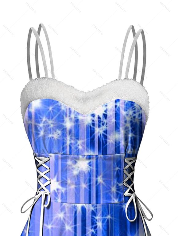 Robe de Noël imprimée flocons de neige à lacets et fausse fourrure asymétrique - Bleu Ciel XXL | US 14