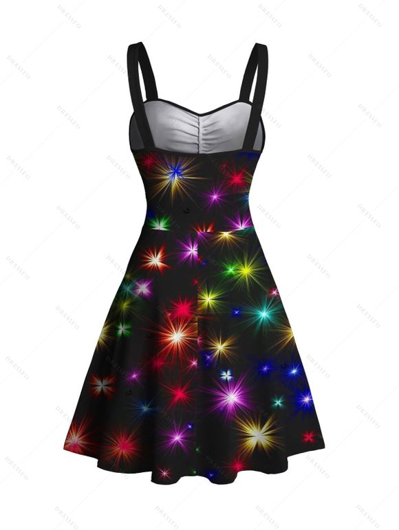 Robe de vacances à ceinture, mini-robe froncée à étoiles aux couleurs brillantes - Noir XXXXXL | US 20