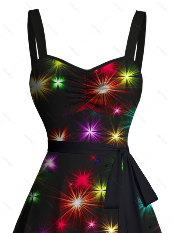 Robe de vacances à ceinture, mini-robe froncée à étoiles aux couleurs brillantes - Noir XXXXXL | US 20