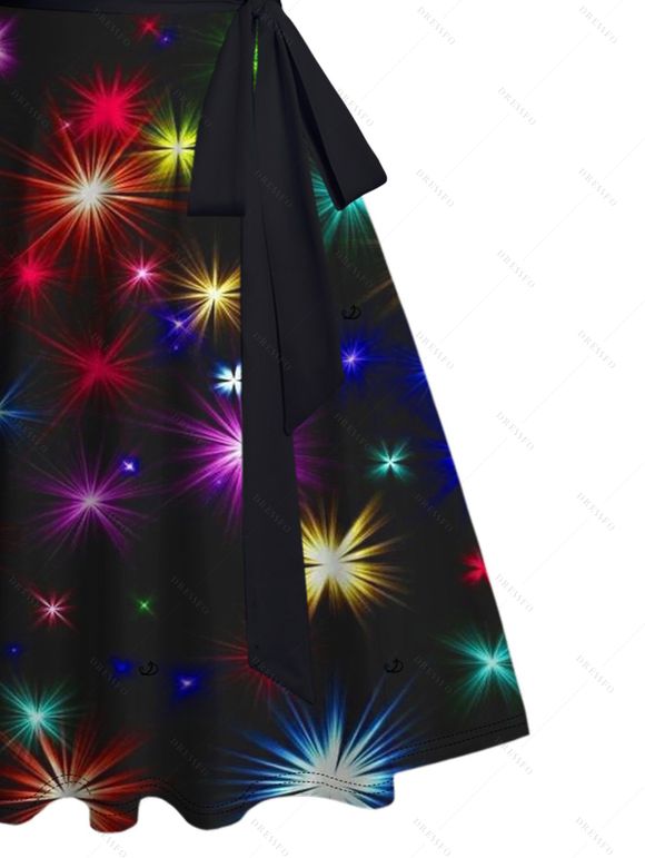 Robe de vacances à ceinture, mini-robe froncée à étoiles aux couleurs brillantes - Noir XXXXXL | US 20