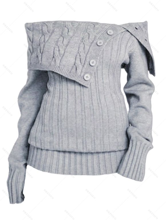 Pull à épaules dénudées, couleur unie, maille torsadée, faux boutons - Gris Clair S | US 4