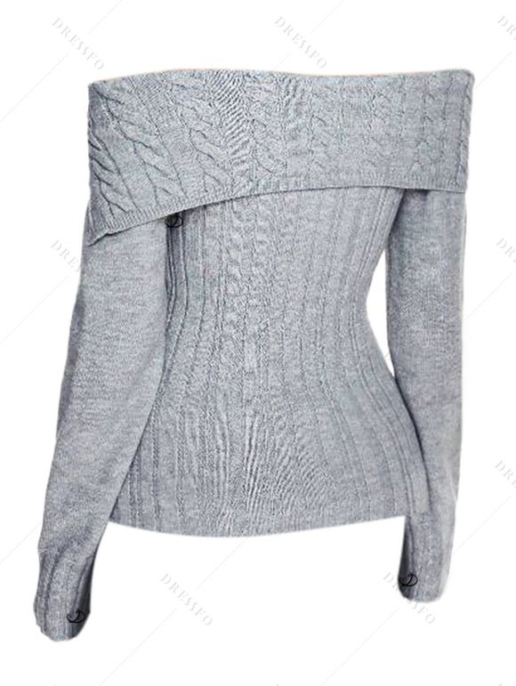 Pull à épaules dénudées, couleur unie, maille torsadée, faux boutons - Gris Clair S | US 4