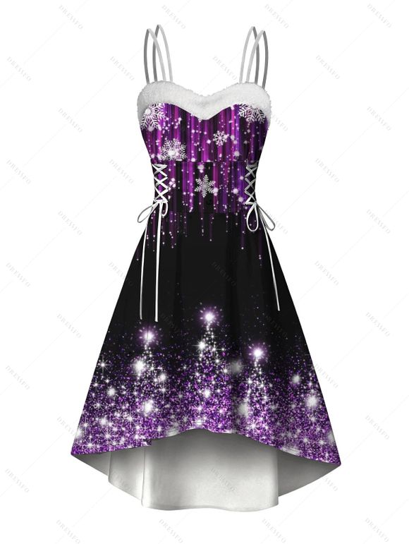 Robe de Noël imprimée sapin de Noël et flocons de neige, en fausse fourrure, à lacets et coupe asymétrique. - Noir XXL | US 14