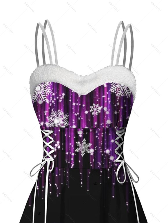 Robe de Noël imprimée sapin de Noël et flocons de neige, en fausse fourrure, à lacets et coupe asymétrique. - Noir XXL | US 14