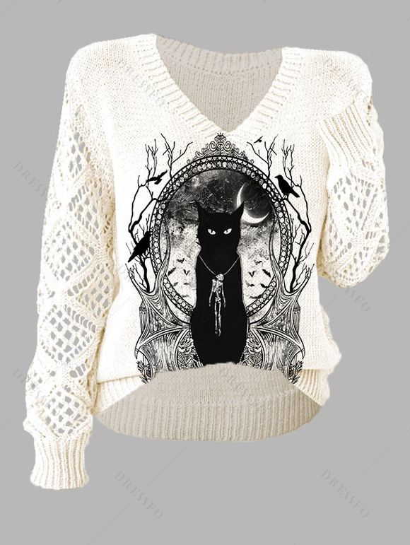 Pull gothique à imprimé chat noir et miroir, manches ajourées et col en V - Beige XL | US 12