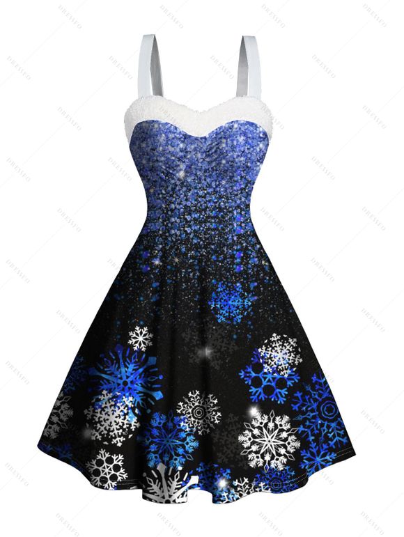 Robe de Noël mini froncée en fausse fourrure, imprimé sapin et flocons de neige - Noir XXXXXL | US 20