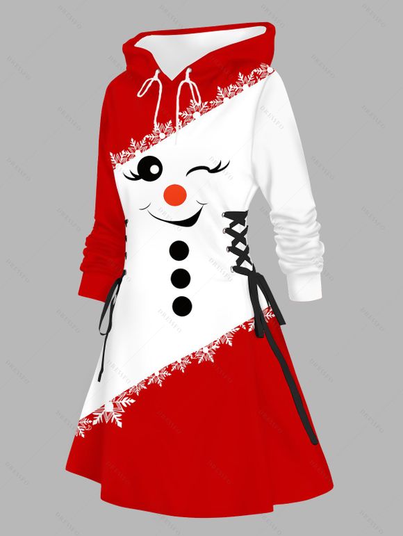 Robe sweat à capuche de Noël à imprimé flocons de neige et bonhommes de neige, style colorblock, à lacets - Rouge XXXXXL | US 20