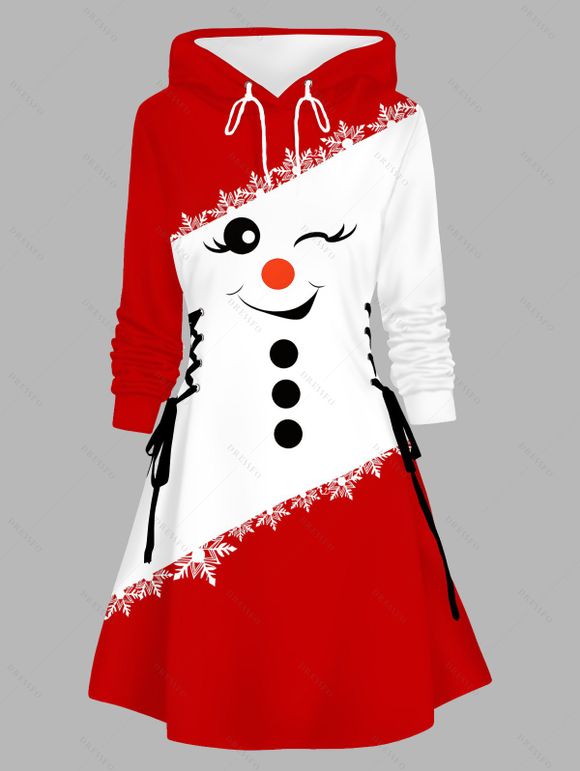 Robe sweat à capuche de Noël à imprimé flocons de neige et bonhommes de neige, style colorblock, à lacets - Rouge XXXXXL | US 20