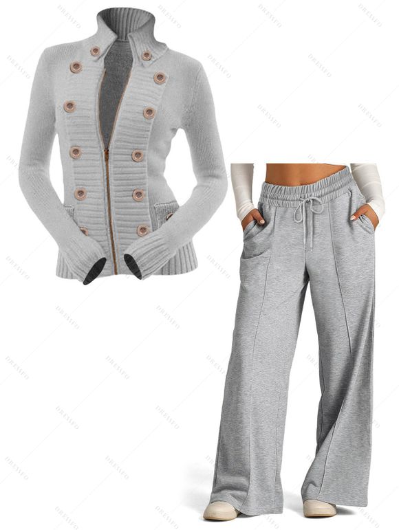 Casual Women Outfit Zip Up Stand-up Collar Sweater and Wide Leg Pants Set - Gris Clair S | US 4