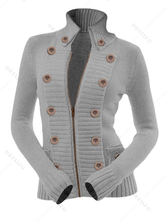 Casual Women Outfit Zip Up Stand-up Collar Sweater and Wide Leg Pants Set - Gris Clair S | US 4