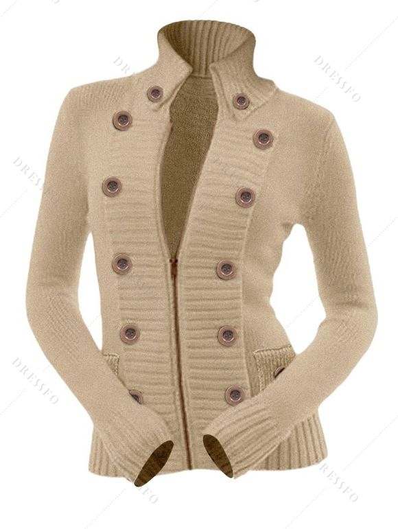 Casual Women Outfit Zip Up Stand-up Collar Sweater and Wide Leg Pants Set - café lumière S | US 4