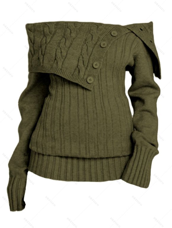 Pull à épaules dénudées, couleur unie, maille torsadée, faux boutons - Vert Armée XXL | US 12