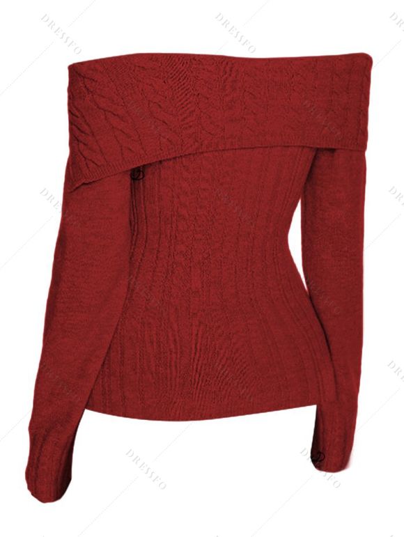Pull à épaules dénudées, couleur unie, maille torsadée, faux boutons - Rouge Vineux XXL | US 12