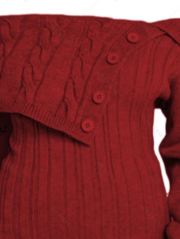 Pull à épaules dénudées, couleur unie, maille torsadée, faux boutons - Rouge Vineux XXL | US 12