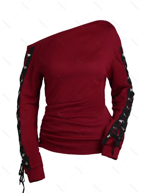 Haut gothique à lacets et œillets, col asymétrique et manches longues - Rouge Vineux XXL | US 14