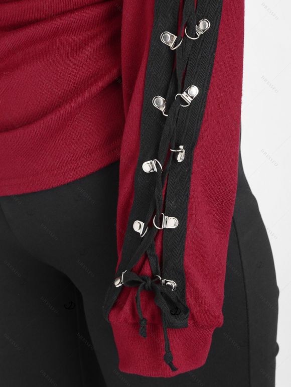 Haut gothique à lacets et œillets, col asymétrique et manches longues - Rouge Vineux XXL | US 14