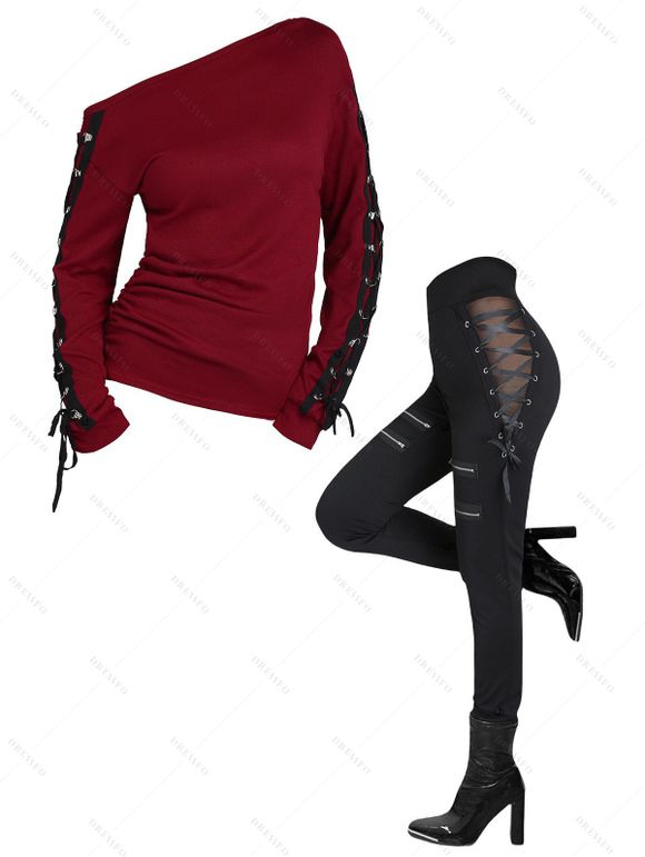 Gothic Women Outfit Lace Up Grommet Skew Neck Top and Pants Set - Rouge S | US 4