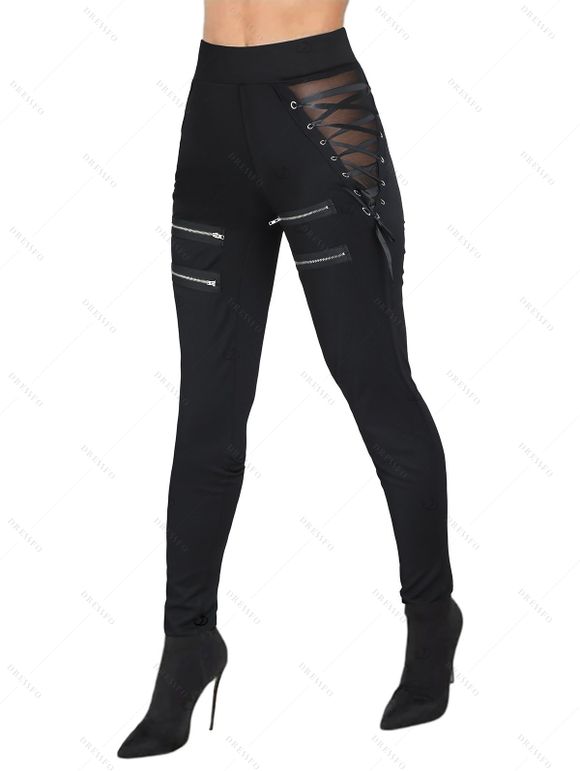 Pantalon gothique à lacets et fermeture éclair, taille haute élastique, skinny punk - Noir XXL | US 14