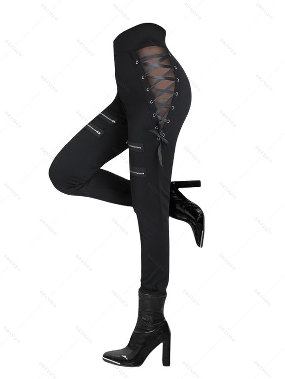 Pantalon gothique à lacets et fermeture éclair, taille haute élastique, skinny punk - Noir XXL | US 14