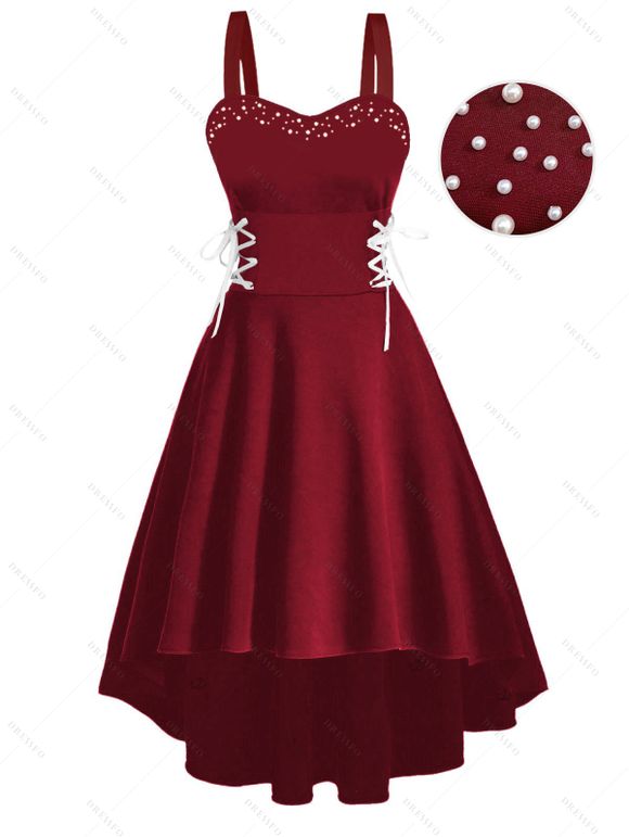 Robe de soirée sans manches à lacets et fausses perles, robe asymétrique - Rouge Vineux XXL | US 14