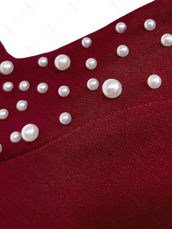 Robe de soirée sans manches à lacets et fausses perles, robe asymétrique - Rouge Vineux XXL | US 14