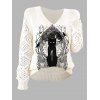 Pull gothique à imprimé chat noir et miroir, manches ajourées et col en V - Beige XL | US 12