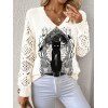 Pull gothique à imprimé chat noir et miroir, manches ajourées et col en V - Beige XL | US 12