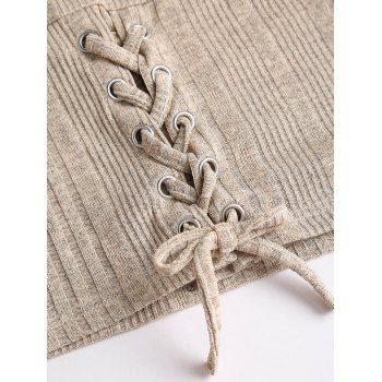 Solid Color Sweater Textured Lace Up Skew Neck Long Top