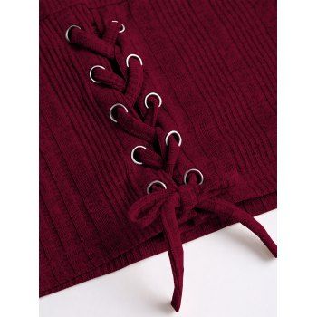 Solid Color Sweater Textured Lace Up Skew Neck Long Top