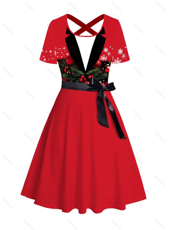 Christmas Couple Outfit Bell Snowflake 3D Print Crossover Belt Dress and Shirt Set - Rouge S | US 4