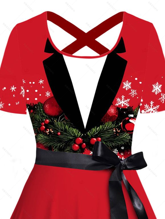 Christmas Couple Outfit Bell Snowflake 3D Print Crossover Belt Dress and Shirt Set - Rouge S | US 4