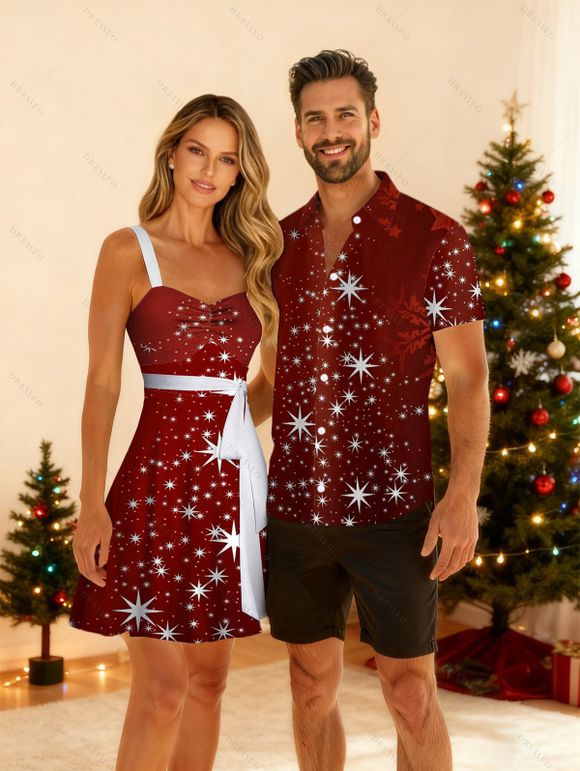 Christmas Snowflake Print Belted Mini Dress And Short Sleeve Button Up Dress Matching Outfit - Rouge foncé S | US 4
