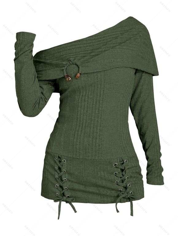 Pull uni texturé à lacets et col asymétrique - Vert Armée XXL | US 14