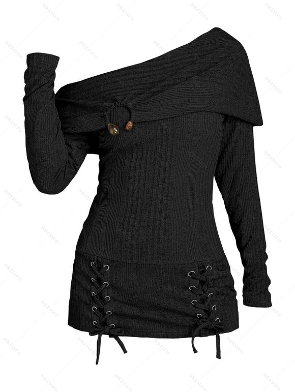 Pull uni texturé à lacets et col asymétrique - Noir XXL | US 14