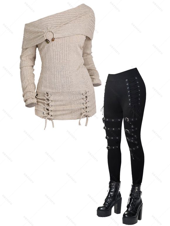 Women Winter Outfit Solid Color Lace Up Long Sweater and Buckle Leggings Set - café lumière S | US 4