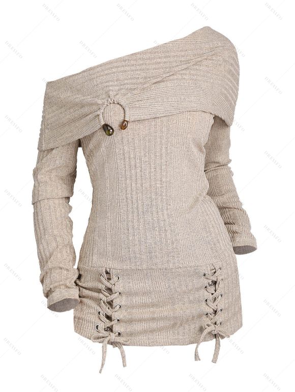 Women Winter Outfit Solid Color Lace Up Long Sweater and Buckle Leggings Set - café lumière S | US 4